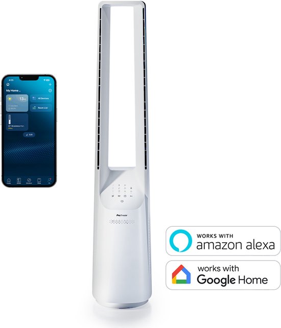 40″ bladloze torenventilator Pro Breeze met slimme app, 6 snelheden, 5 modi, Alexa, Google Home, veilig voor kinderen