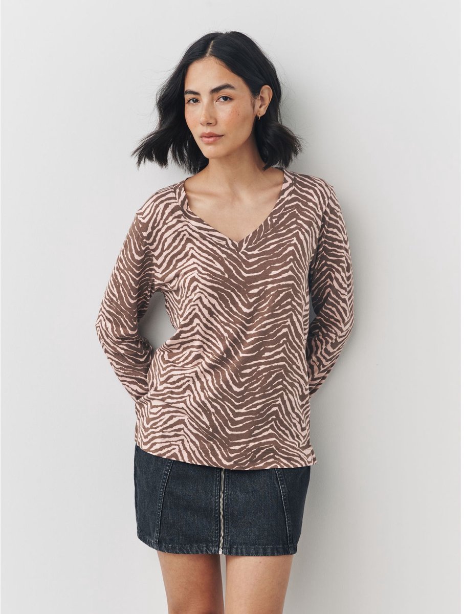 Next - Dames - Wijd T-shirt van een mix van katoen en modal met lange mouwen - Bruin
