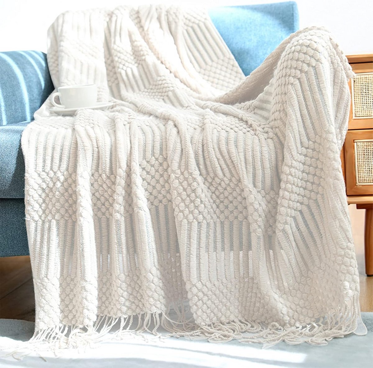 Luxe Gebreide Plaid Woondeken Beige 130x200 cm - Omkeerbaar & Zacht | Bank- en Sofa Dekens