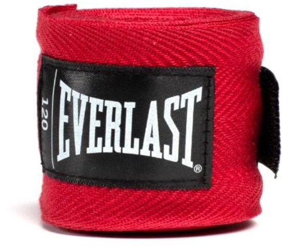 Rode Everlast handwraps (120 inch) met wit Everlast logo op zwart label.
