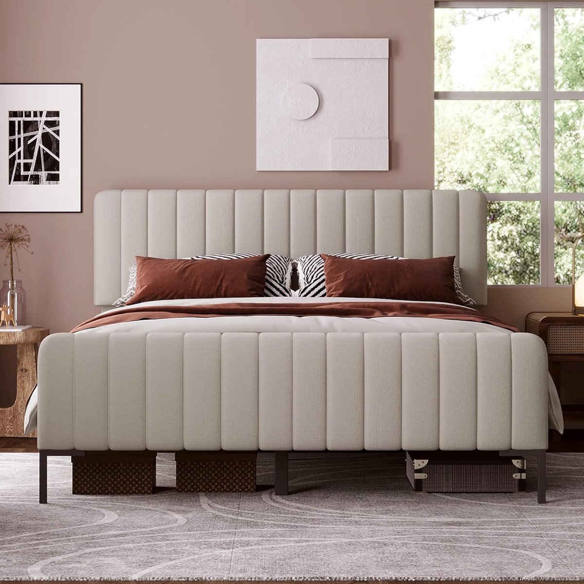Doppelbett 180x200 cm mit Stauraum, Polsterbett mit Höhenverstellbarem Kopfteil, Lattenrost und Aufbewahrungsschublade – Modernes Leinenbett für Schlafzimmer & Gästezimmer – Beige, Abkantoor
