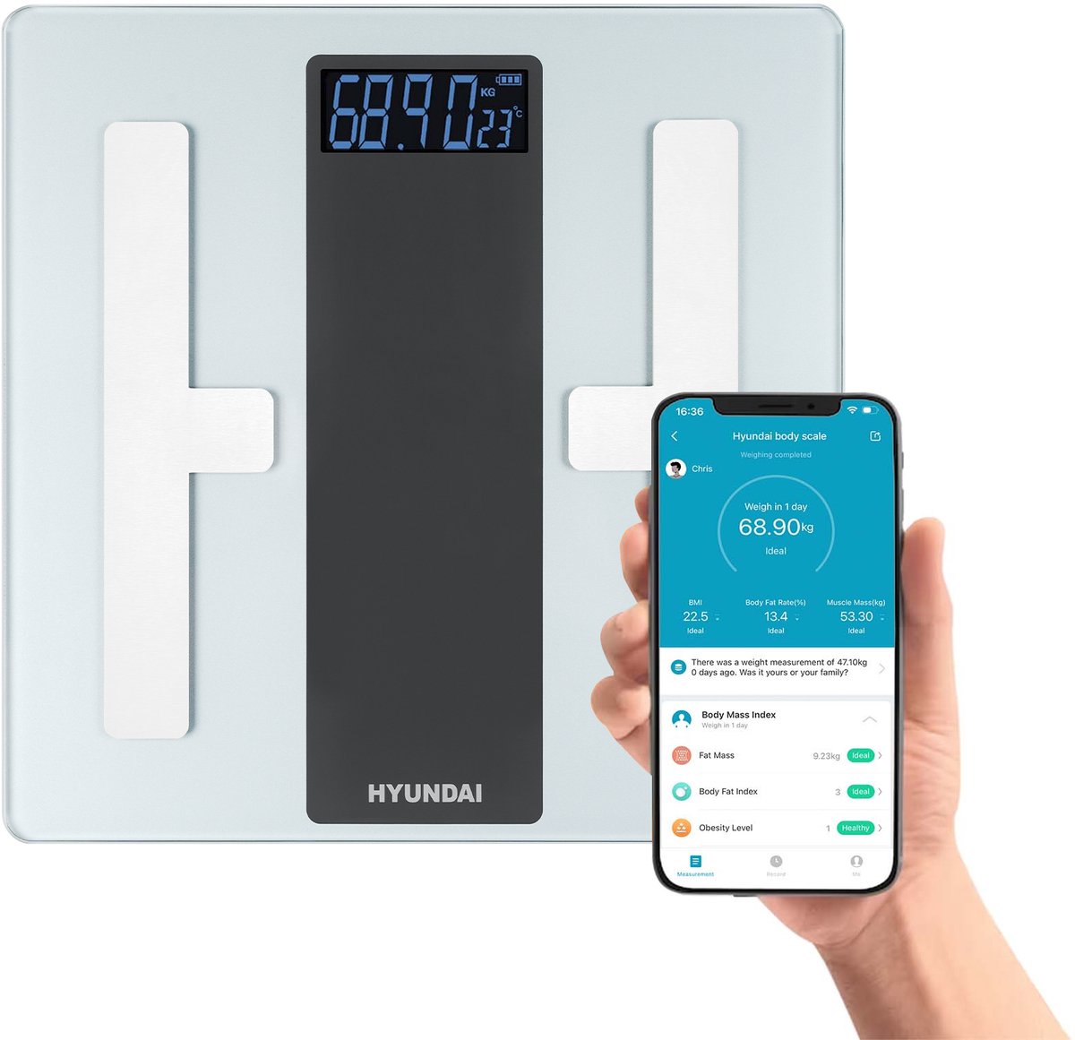 Hyundai Home - Digitale personenweegschaal met Bluetooth en lichaamsanalyse - Wit/Zilver