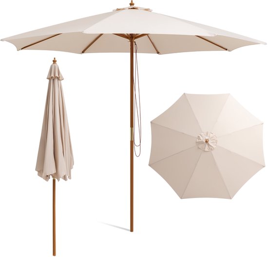 KOMFOTTEU Parasol 300 cm - tuinparasol - met houten paal - inklapbare stokparasol - Strandparasol - Balkon parasol