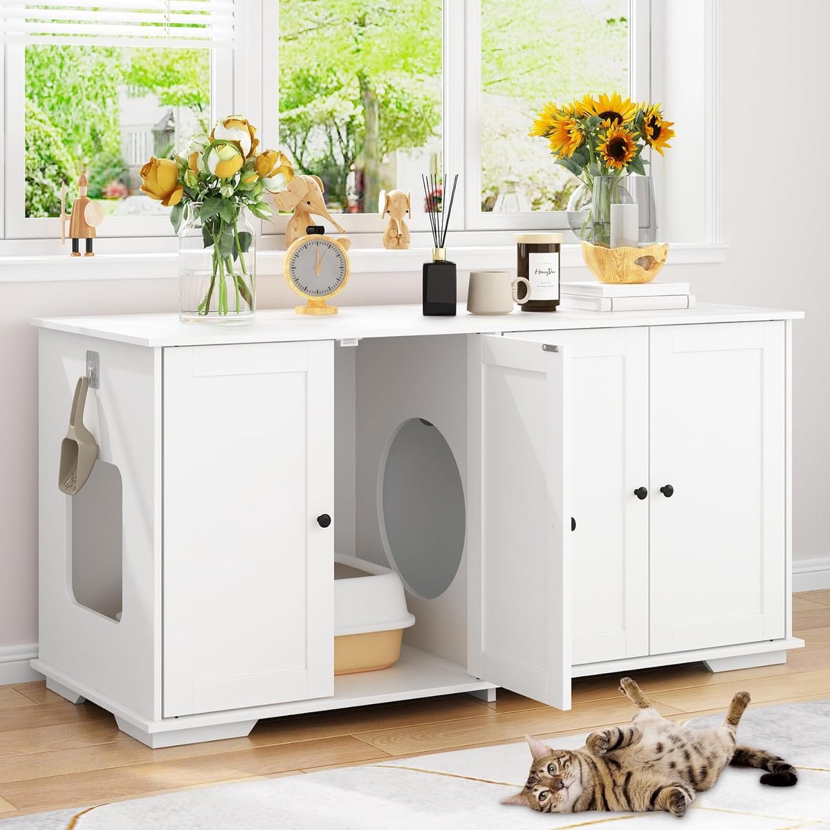 Grote Kattenbakmeubel met Dubbele Inbouw en 4 Deuren, Wit