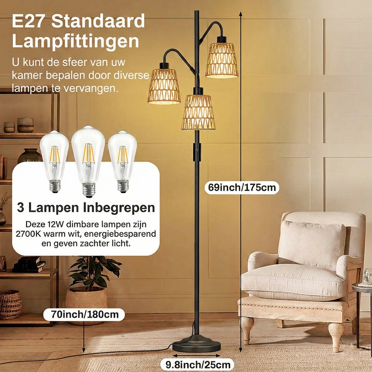 MUPOO Bohemian Rotan Vloerlamp 3-Lichts met Zwart Metaal thumbnail 6