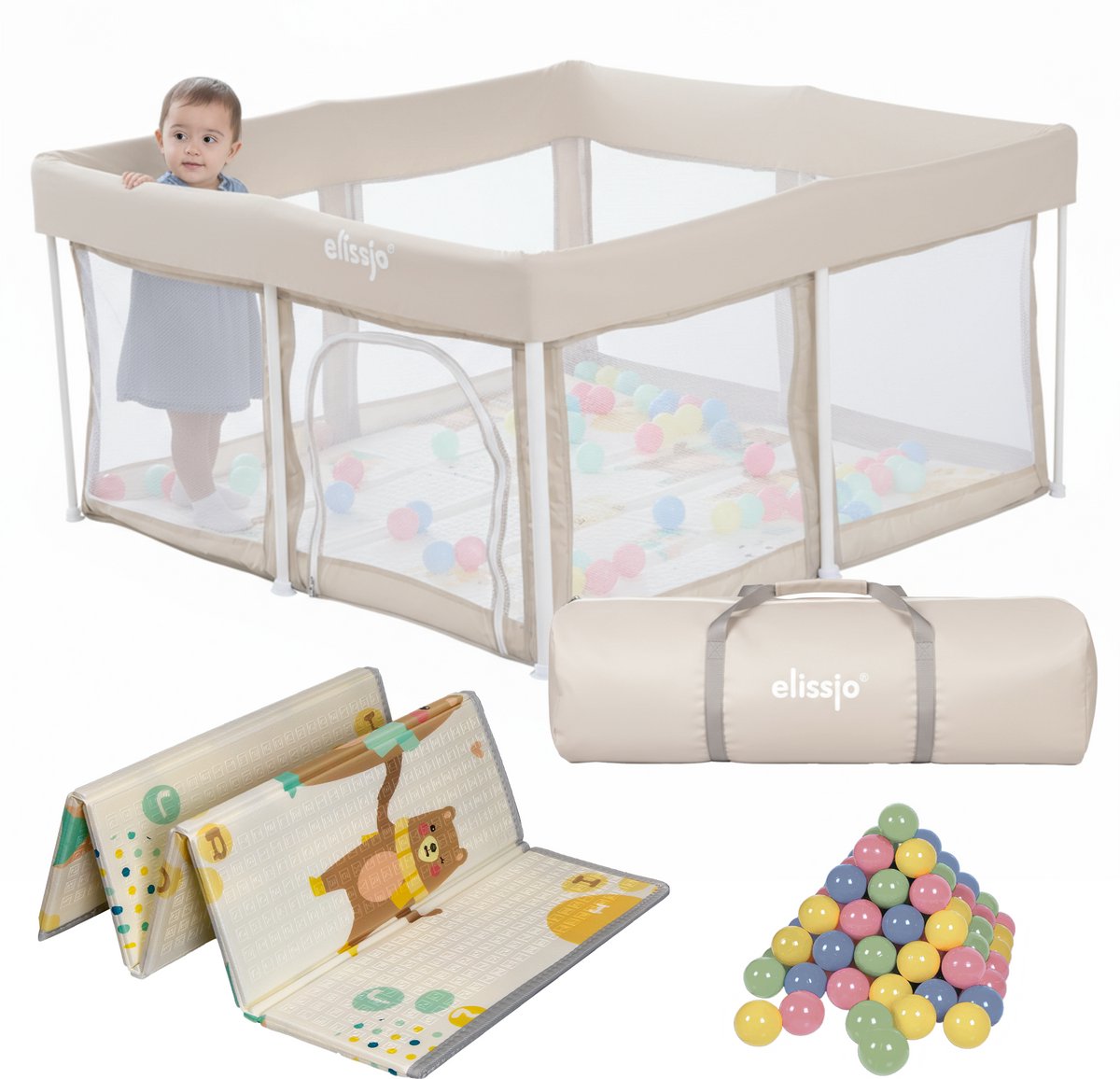 Elissio® -Grondbox Baby - Inklapbare Speelbox met Dubbelzijdige Speelmat & 50 Ballen - Kruipbox - Kinderbox - Playpen Baby - 125x125x65 CM - Beige