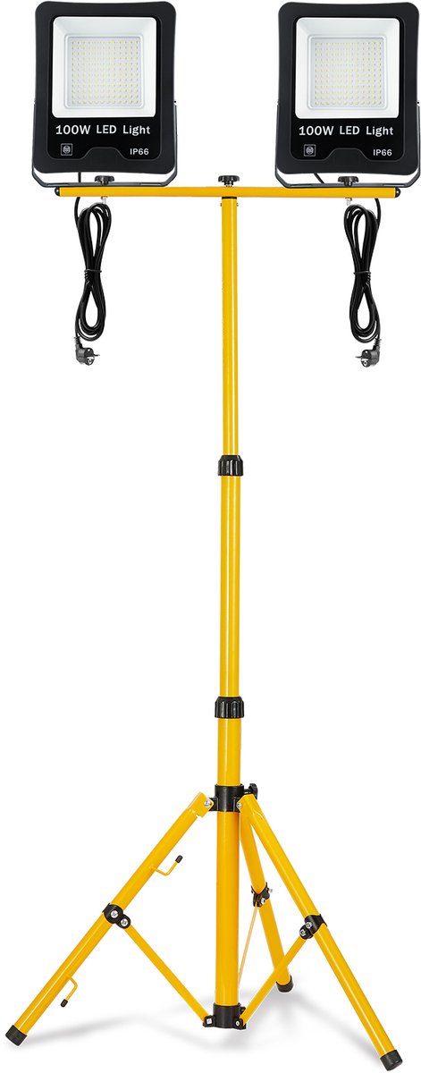 2x100W LED-bouwlampen, werklampen, LED-schijnwerpers met in hoogte verstelbaar statief en 3 meter kabel, schijnwerpers voor binnen- en buitengebruik, bouwplaatsen, garages, koel wit NAIZY