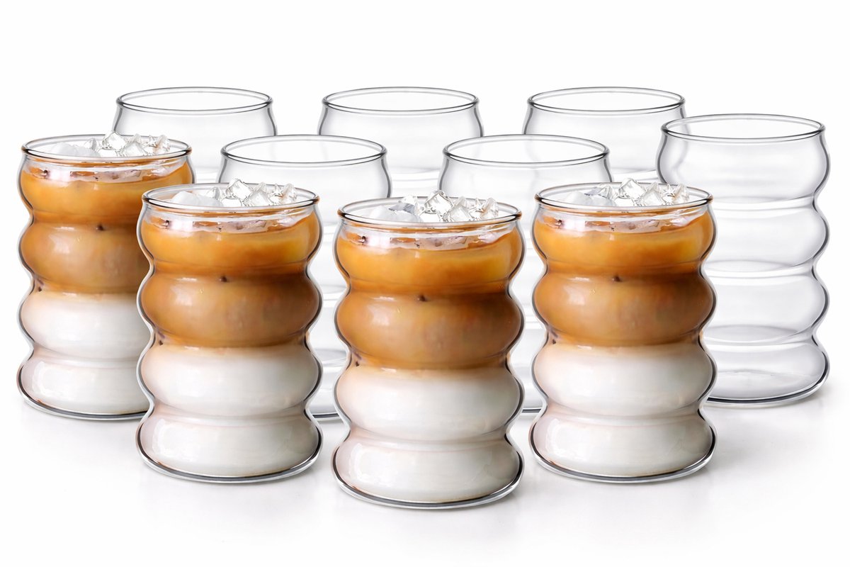 Glozini Wavy Bubbelglazen - 530ml - Set van 8 - Geribbelde Glazen - Bubble Glas - Esthetische Cocktailglazen