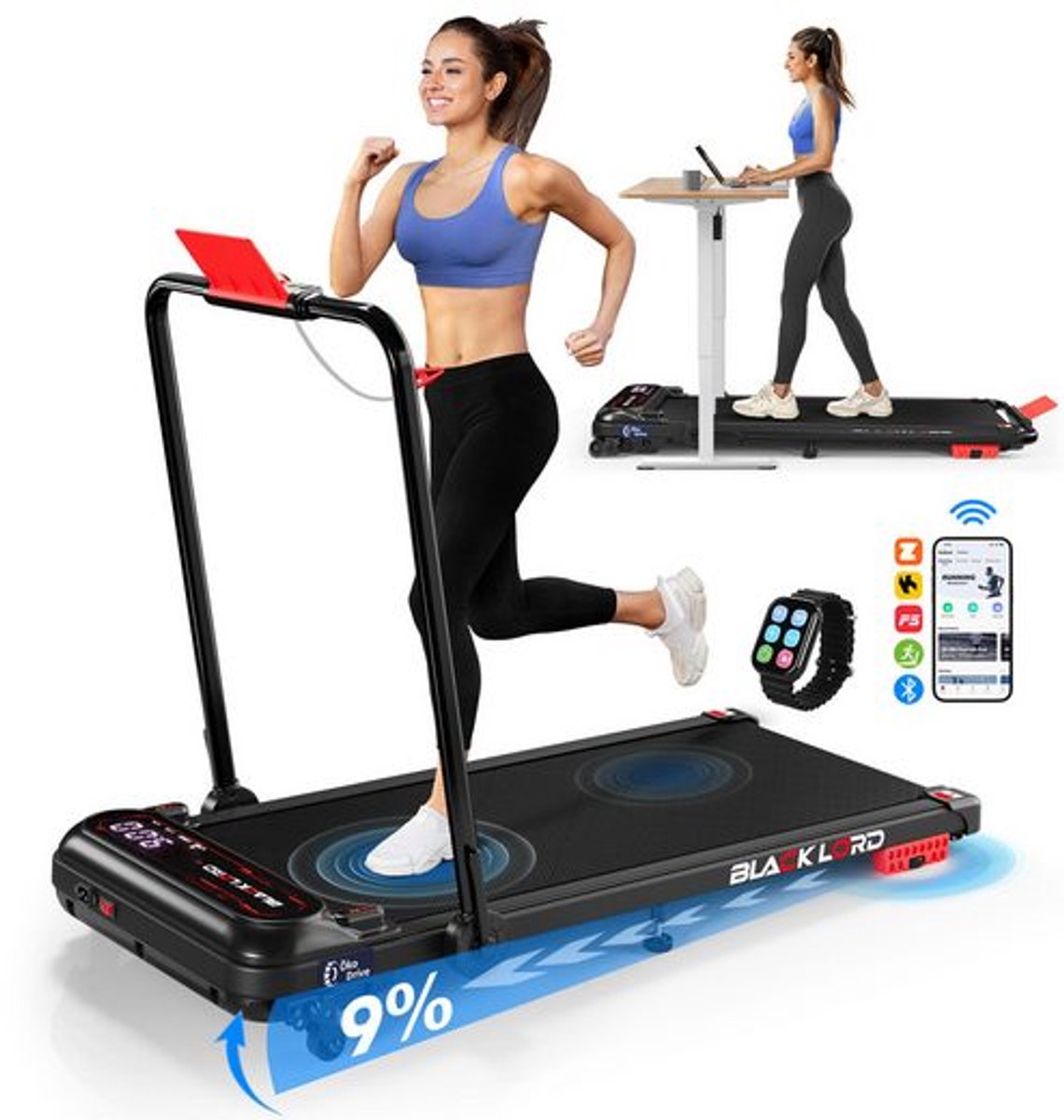 BLACK LORD X7-H - Walking Pad loopband - 3,0 PS EcoDrive™ motor - 15 km/h & 4% helling (3 niveaus) - Bluetooth app-bediening - 39 cm breed loopvlak - Inklapbaar voor onder het bureau
