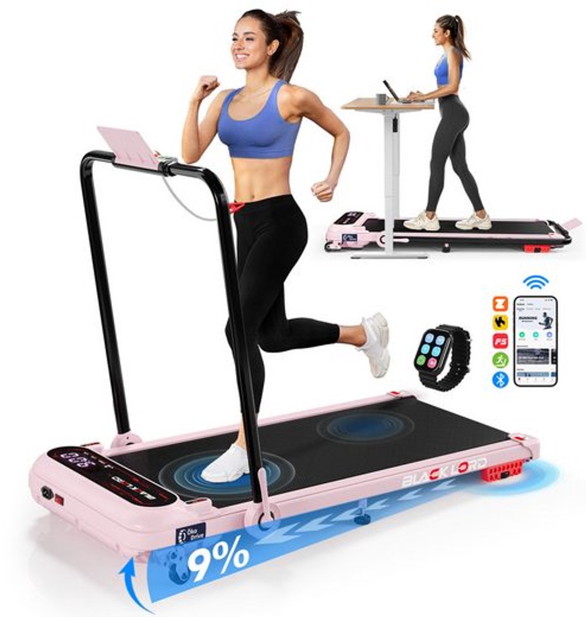 BLACK LORD X7-H - Walking Pad loopband - 3,0 PS EcoDrive™ motor - 15 km/h & 4% helling (3 niveaus) - Bluetooth app-bediening - 39 cm breed loopvlak - Inklapbaar voor onder het bureau