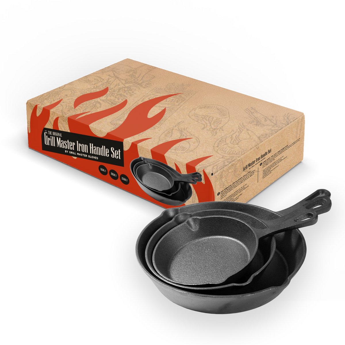 Grill Master Iron Handle Set van 3 - Gietijzeren Pan - Gietijzeren Pannenset - Voor BBQ - Met Handvaten - 15/20/25cm