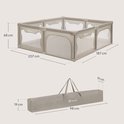 Beige box met afmetingen 68cm x 207cm x 187cm. Transporttas met afmetingen 98cm x 19cm x 19cm.