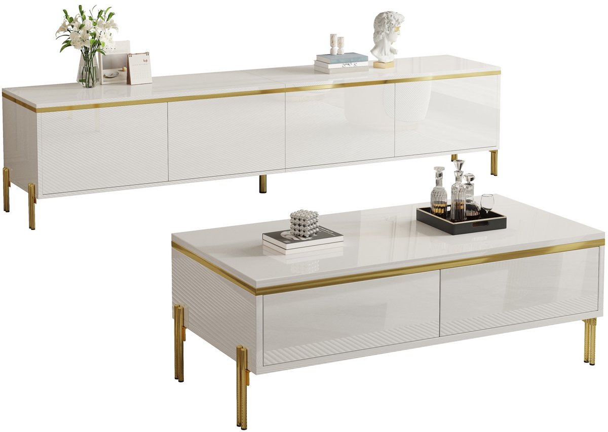 TV-Meubel Set - Met Salontafel - Hoogglans Unikleur met Gouden Rand - MDF - Wit