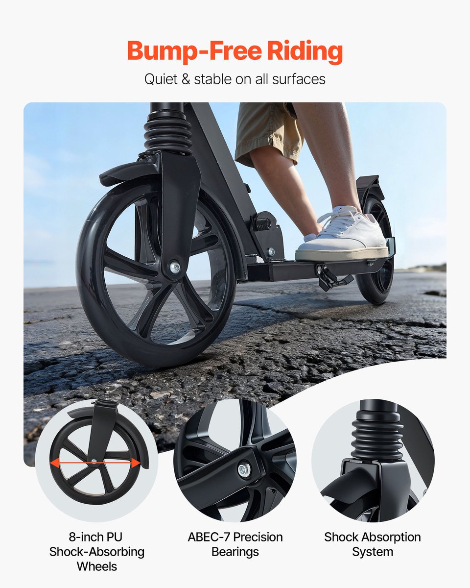 VEVOR Step (2 Wielen) voor Kinderen Vanaf 8 Jaar, Stadsstep, Kinderstep, Straatstep met In Hoogte Verstelbaar Stuur, Antislip Deck en Opvouwbaar Frame, Step tot 100 Kg, Zwart thumbnail 6