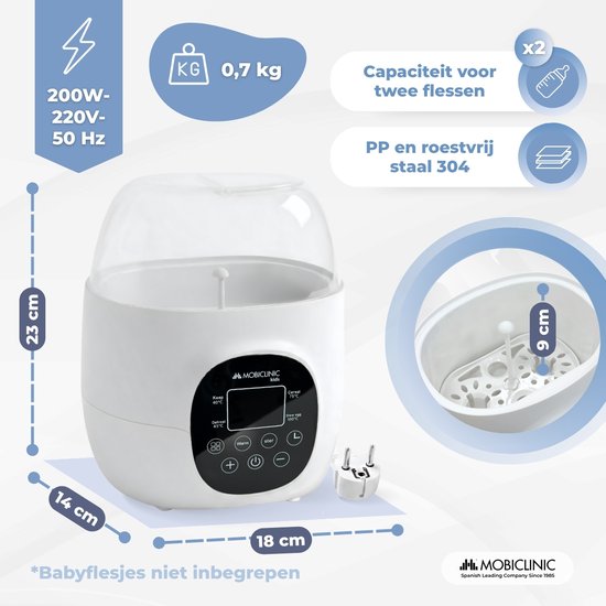 Mobiclinic Bibidu - Dubbele Flessenwarmer - Digitale - 6-in-1 - 2 flessen - Instelbare temperatuur - Babyvoeding Warmer - Stoomsterilisatie - Opwarmen, op temperatuur houden, steriliseren, ontdooien voedsel - Met digitaal display - Wit van Merkloos — afbeelding 5