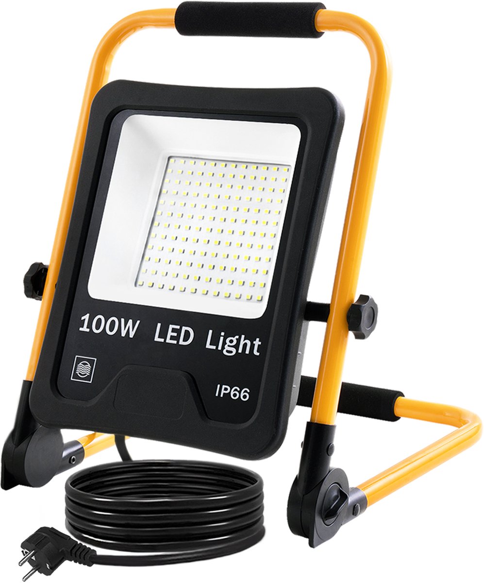 100W LED-bouwlamp, werklamp met 3 meter stroomkabel en U-vormig statief, schijnwerper voor binnen- en buitengebruik (koel wit) NAIZY