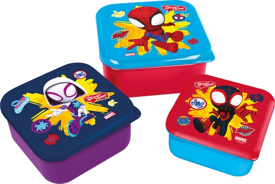 Ensemble de 3 boîtes à goûter Spidey Team : rouge avec Spider-Man, bleue avec Ghost-Spider, rouge avec Miles Morales.
