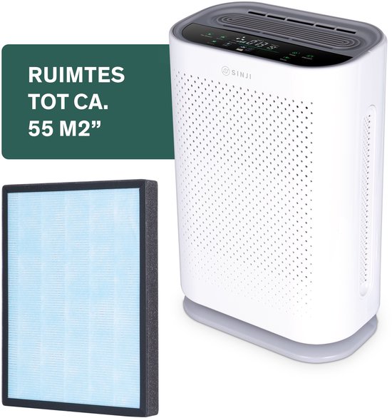 Wit met grijs luchtreiniger met gedetailleerd display en los HEPA-filter. Geschikt voor ruimtes tot 55 m².