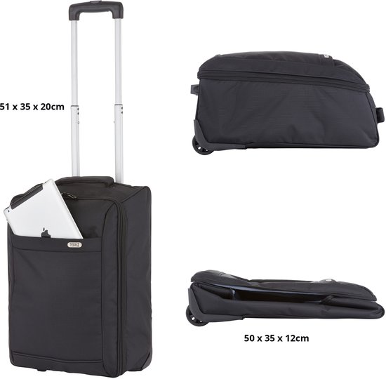 Zwarte zachte handbagage koffer, 51 x 35 x 20 cm, met uittrekbaar handvat, wieltjes en een vak voor een tablet.