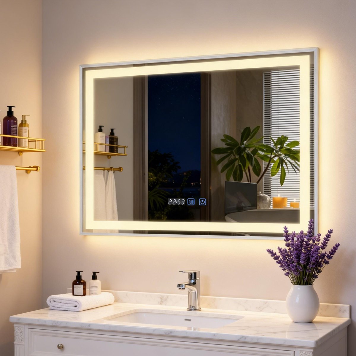 Puluomis Badkamerspiegel - 80x60cm - Rechthoekig Zilver Metalen Frame - LED-verlichting - Tijd- en Temperatuurweergave - Ontwaseming