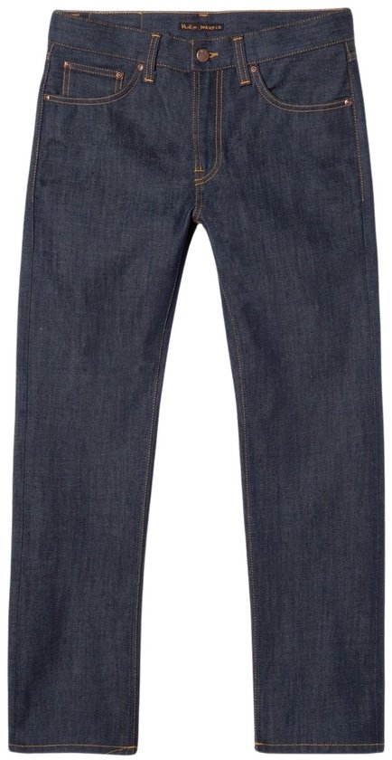 Donkere denim Nudie Jeans recht van voren gezien, met oranje label.