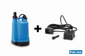 Blauwe Flat Joe dompelpomp met een aparte zwarte vlottersensor met 10 meter kabel.