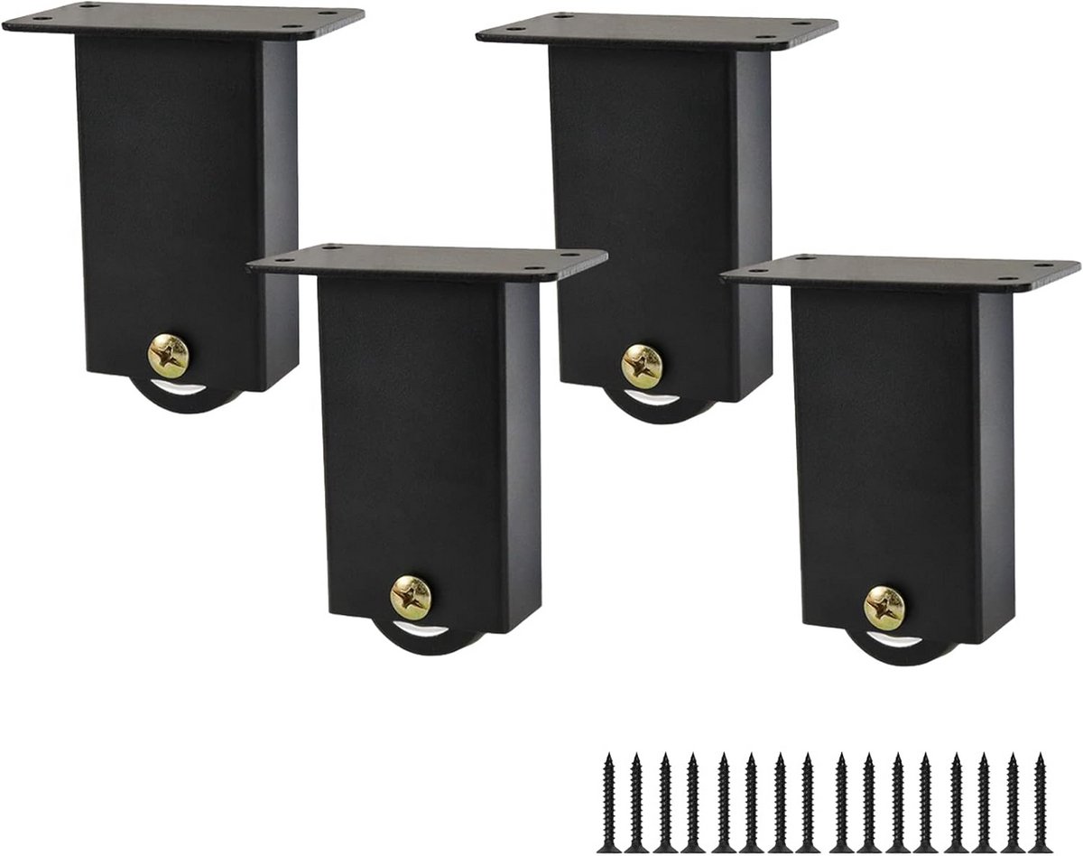 Set van 4 Zwarte Stalen Meubelpoten met Zwenkwielen Hoogte 10 cm