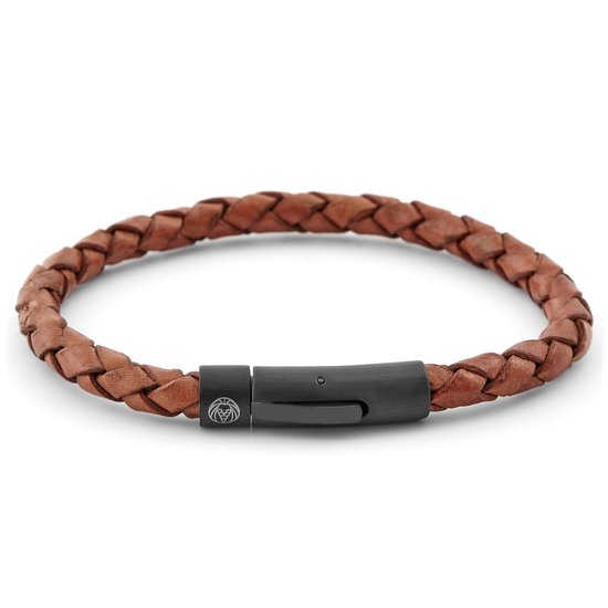 Gevlochten bruine leren armband met zwarte gesp met logo.
