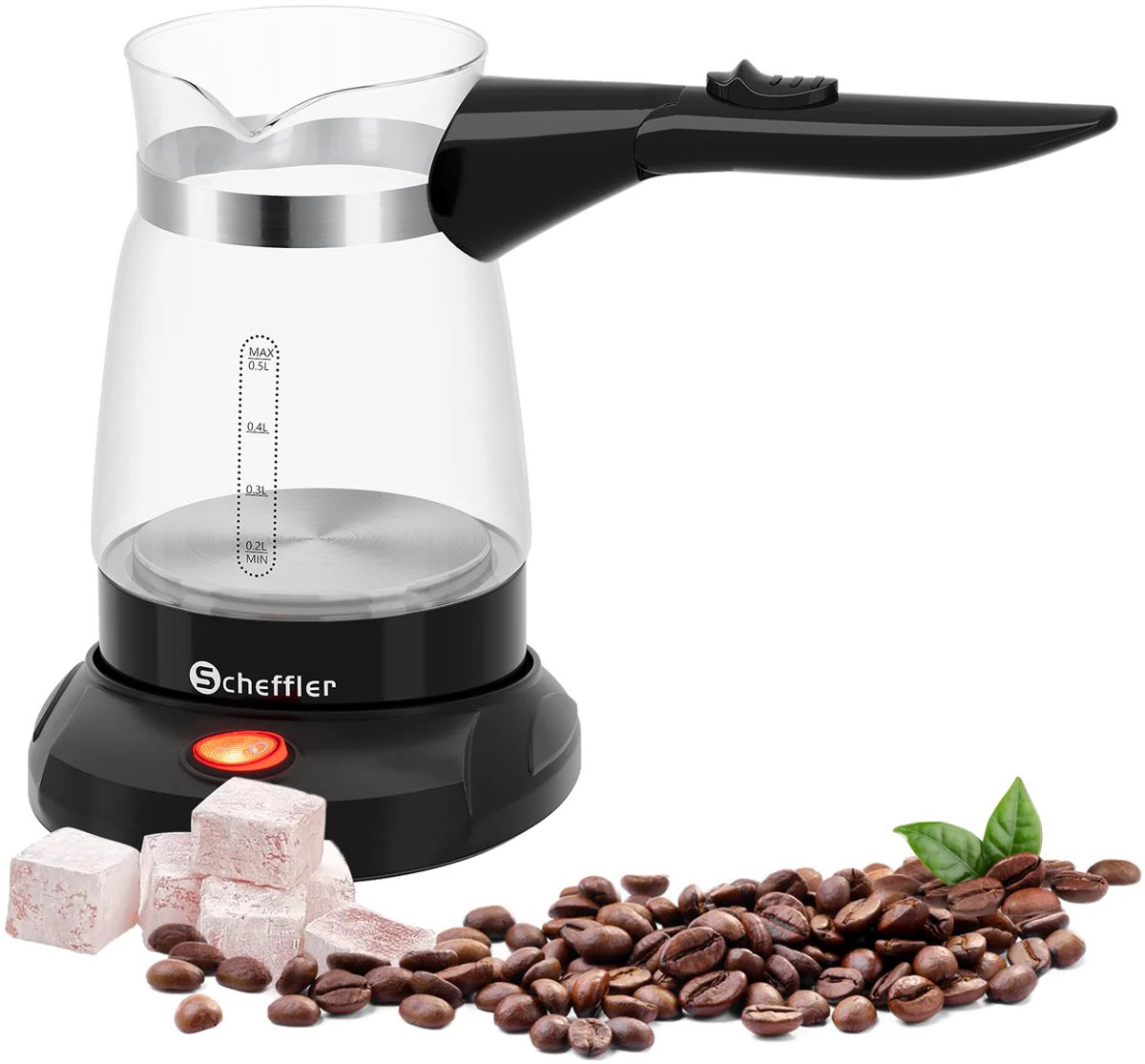 Elektrische - Turkse - Koffiemaker - 600W - 0,5L-Glazen - Cezve - Moka-Pot - Espressomaker - Turkse - koffiezetapparaat - 360°- draaibare - basis - BPA vrij - Automatische uitschakeling - Waterkoker - functie 4-6 Kopjes - Zwart - Compact - design
