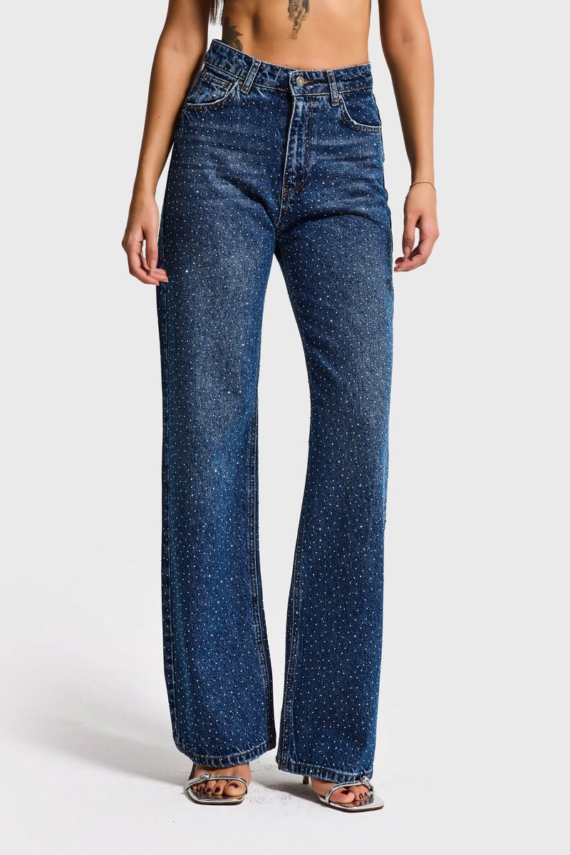 It's Basic - RHINESTONE STRAIGHT HIGH RISE JEANS - COBALT