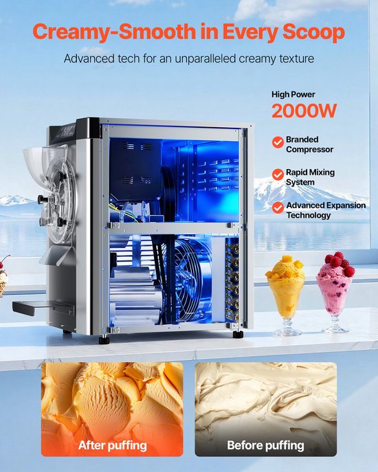VEVOR CommerciëLe Ijsmachine 2000 W 12–20 L/U, Tafelmodel Gelato-Maker met 6 Liter Roestvrijstalen Container (304) en Zelfreinigend Led-Bedieningspaneel voor Snackbars en Restaurants, Zilverkleurig van Merkloos — afbeelding 3