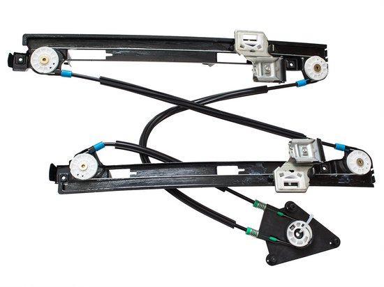 Twee zilverkleurige raammotoren met zwarte kabels, groene en blauwe accenten op witte achtergrond.