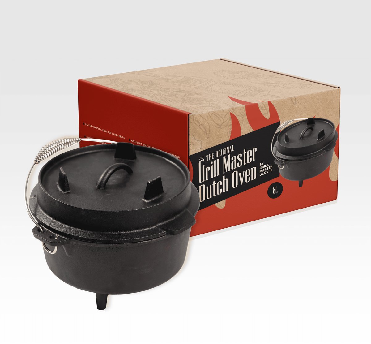 Grill Master Dutch Oven 8L - Pan Gietijzer - Dutch oven Gietijzer met deksel - Braadpan - 2 in 1 Set - Papa Cadeau Voor Mannen - Vaderdag