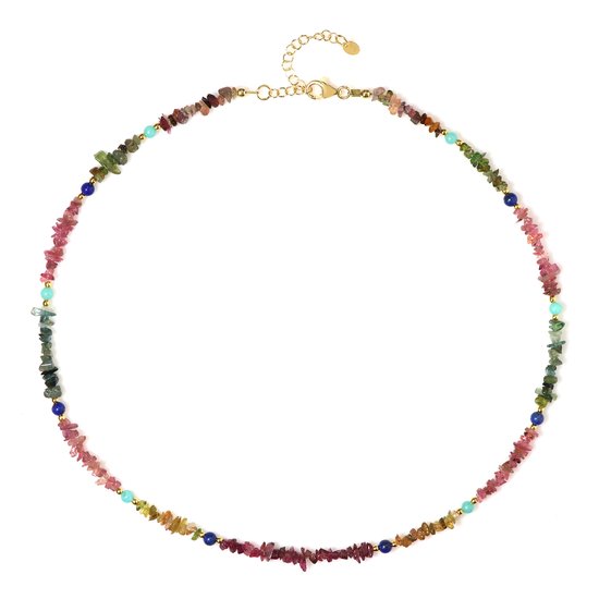 Een ronde ketting van multicolor toermalijn met lapis lazuli en amazoniet accenten, met gouden sluiting.