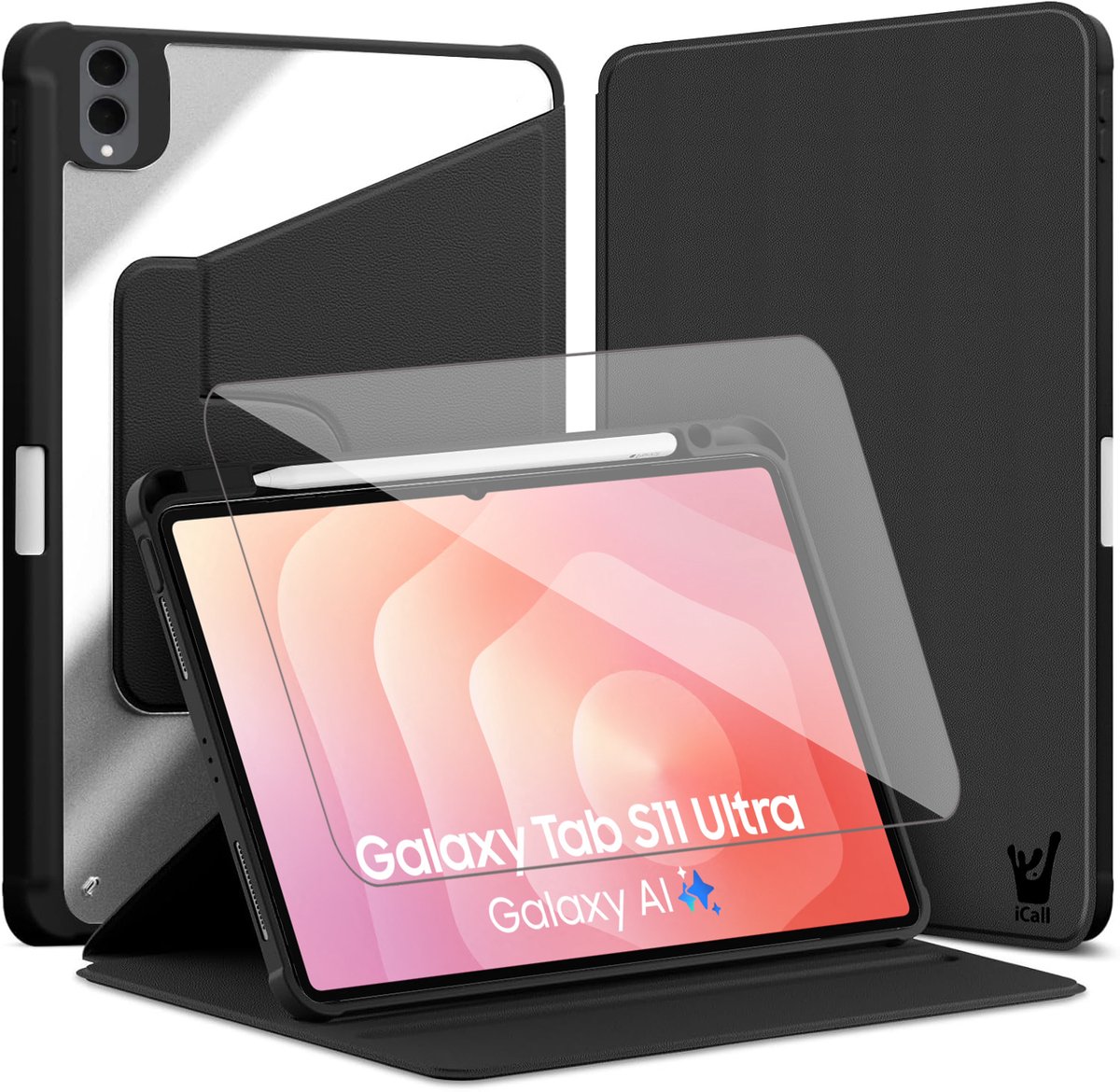 Hoes en Screenprotector geschikt voor Samsung Galaxy Tab S11 Ultra 11 14.6 inch – 360° draaibaar – Met pencil houder – Zwart