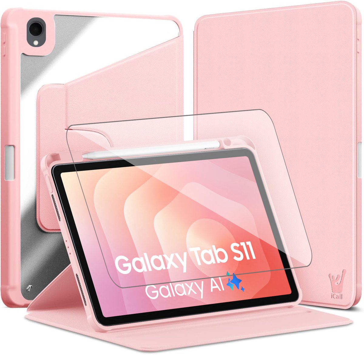 Hoes en Screenprotector geschikt voor Samsung Galaxy Tab S11 11 inch – 360° draaibaar – Met pencil houder – Roze