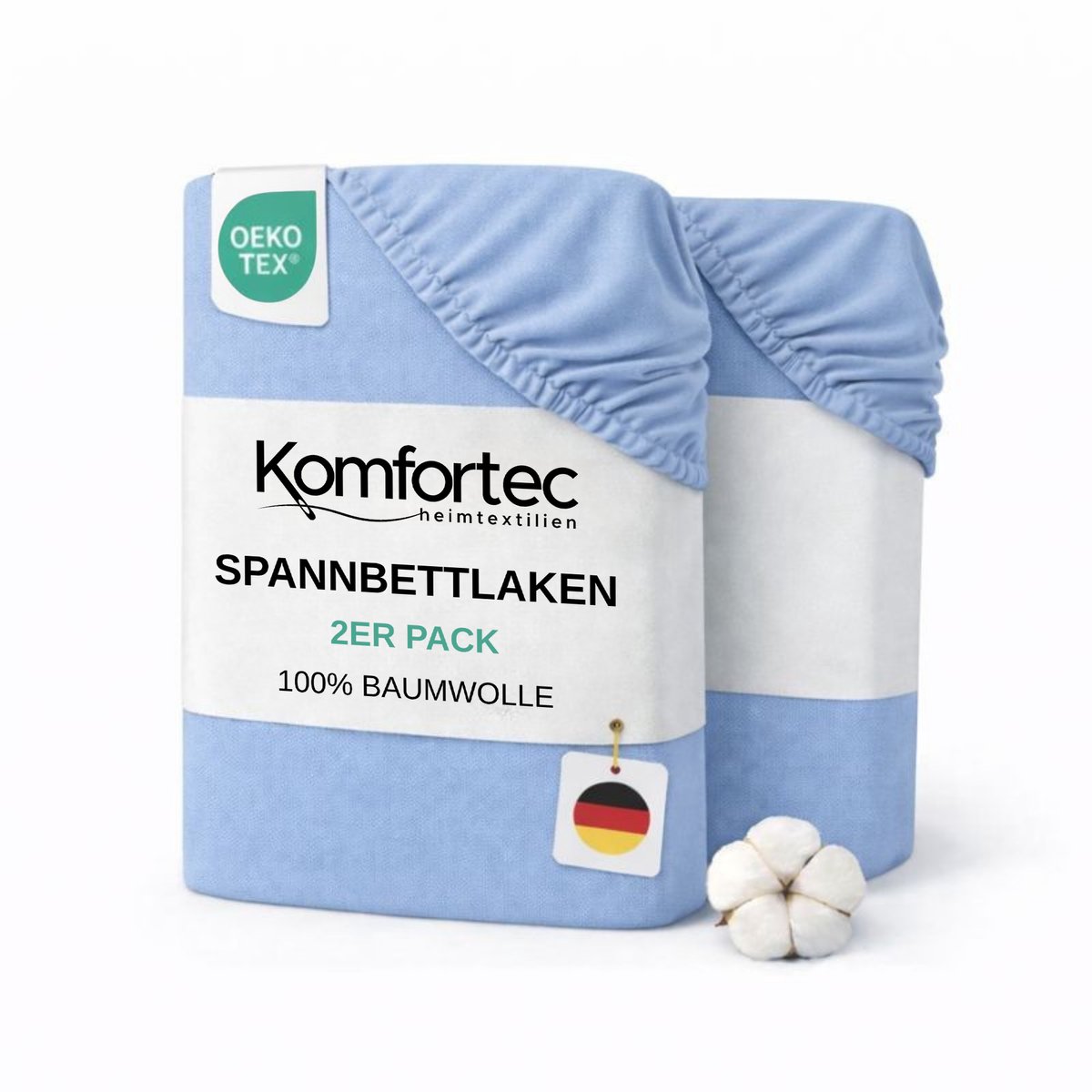 Komfortec Jersey Stretch 2-delige Hoeslaken Set 160x200 cm, Dubbelpak, 23 cm Matrasdikte, Rondom Elastiek, 100% Katoen, Lichtblauw