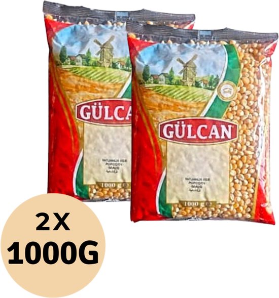 Twee zakken GULCAN popcorn mais van 1000g per stuk. Rode zakken met afbeelding van een molen en velden.