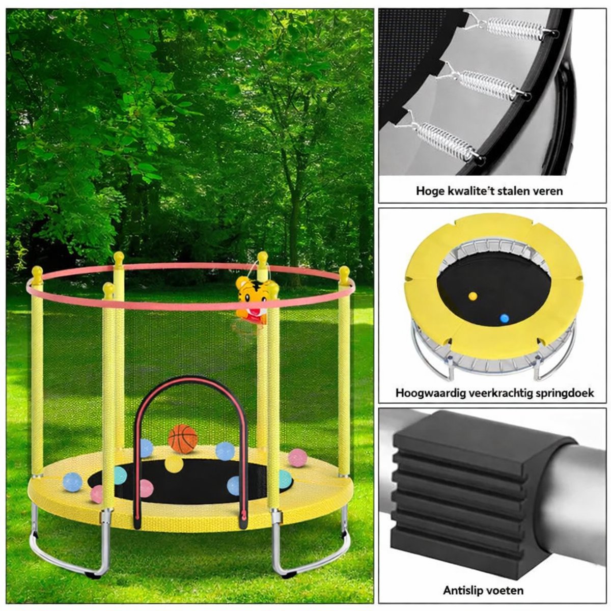 Kinder Trampoline-Ø150cm-Verhoogd veiligheidsnet-Stalen frame-Stabiele trampoline voor binnen/buiten-Geel — afbeelding 7