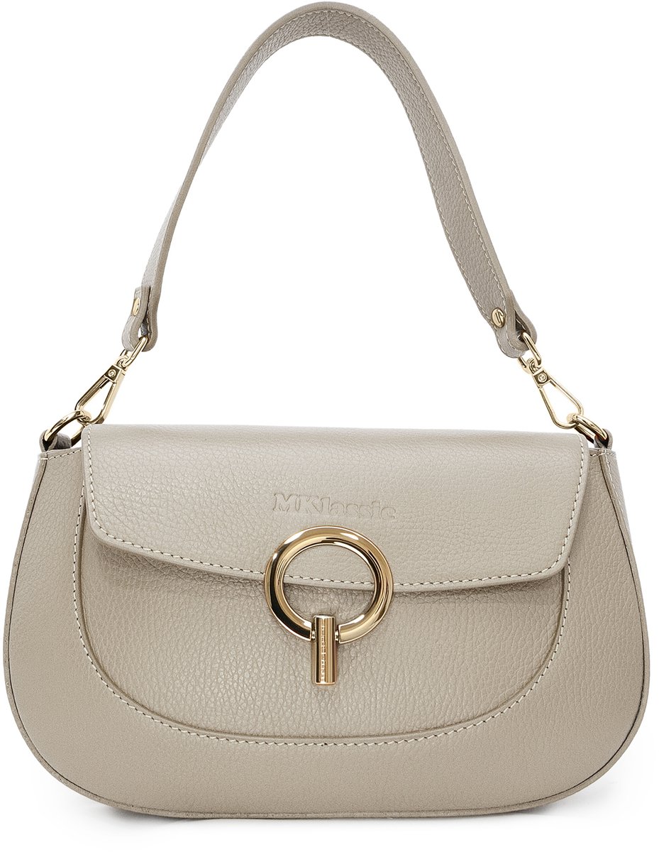 MKlassic Italiaanse damesleren handtas Beige – Elegante schoudertas met gouden accenten – Hoogwaardige schoudertas van echt rundleer voor dagelijks gebruik en zakelijk gebruik - Made in Italy - MK04-290-37