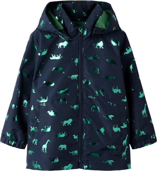 Veste bleu marine à capuche avec des imprimés d'animaux verts brillants. Vue de face.