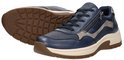 Paar blauwe leren sneakers met ritssluiting, grijze accenten en de onderkant van de zool.