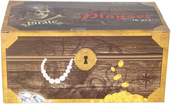 Ensemble d'accessoires coffre au trésor pirate 15 pièces (2 pistolets, main crochet, jumelles, crâne, drapeau, bandana, cache-oeil, poignard, carte au trésor, ...)