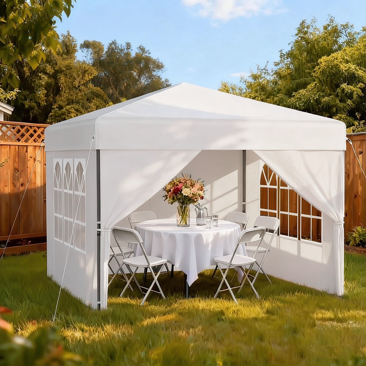 Aufun Opvouwbare Pop-up Paviljoen 2.5x2.5m -4 Zijwanden- Waterdicht, Winterbestendig, UV-bescherming-Höhe Verstellbar 240-260cm- Wit