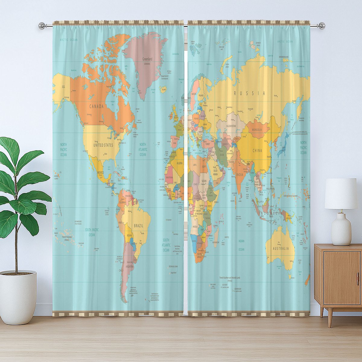 ABAKUHAUS Vintage Cartografie Rustiek Gordijn, Wereldkaart Kleur, Slaapkamer Gordijn met Plooiing, Lusjes en Haken, 280 x 175 cm, Karamel Meerkleurig