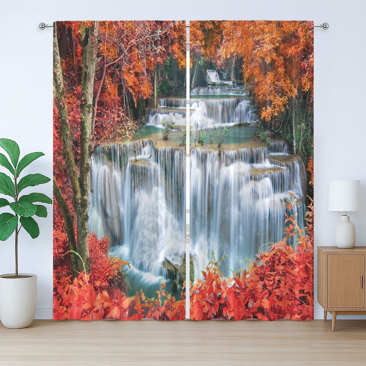 ABAKUHAUS Rustiek Landschap Gordijn, Botanisch Herfstbos, met Bandjes, Lussen en Haken voor de Woonkamer, 280 x 175 cm, Oranje Rood en Wit
