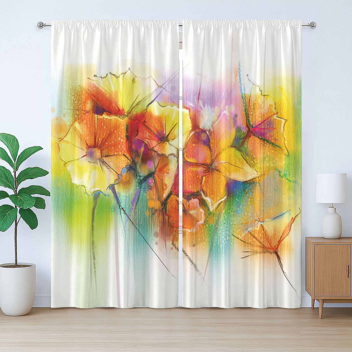 ABAKUHAUS Rustiek bloemengordijn, herfstbloemenboeket, slaapkamergordijn met geplooide band, lussen en haken, 280 x 225 cm, geel, rood, groen