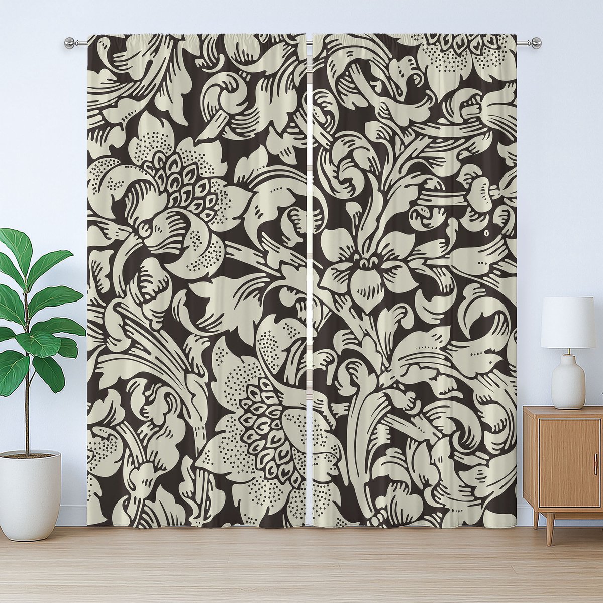ABAKUHAUS Rustiek bloemengordijn, vintage bloemengordijn voor de slaapkamer, geplooid gordijn met lussen en haken, 280 x 225 cm, antracietgrijs