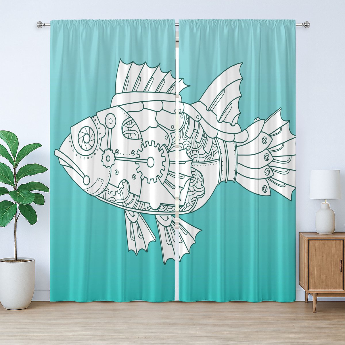 ABAKUHAUS Steampunk Rustiek Gordijn, Doodle Mechanic Vis, met Bandjes voor de Woonkamer met Lussen en Haken, 280 x 225 cm, Turquoise Donkergroenblauw