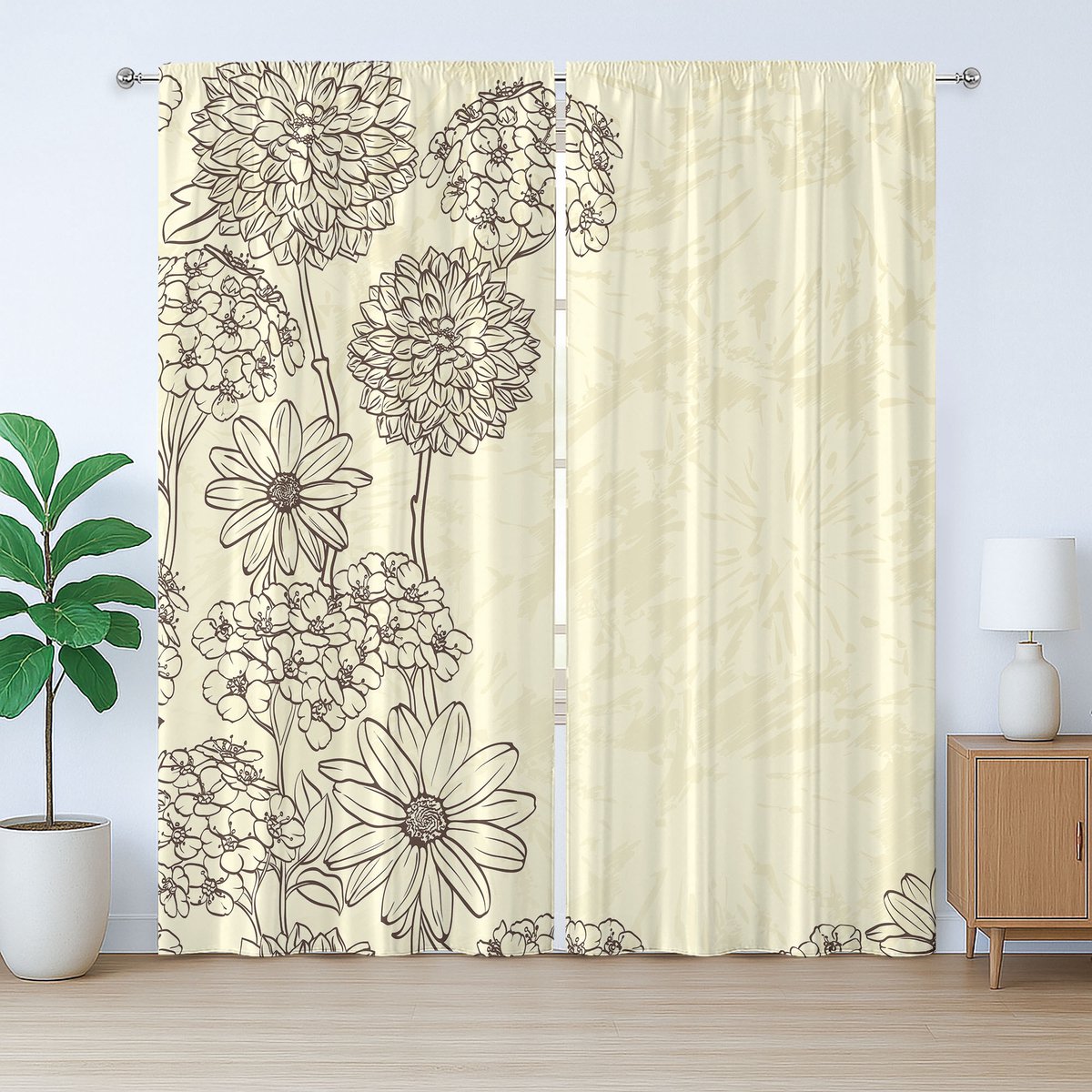 ABAKUHAUS Bloemen Vintage Rustiek Gordijn, Bloeiende Retro, met Bandjes, Lusjes en Haken voor de Woonkamer, 280 x 260 cm, Crème Eierschaal